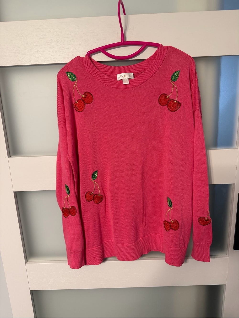 Belle by Kim Gravel Hot Pink Crewneck Sweater with Cherry Embroidery